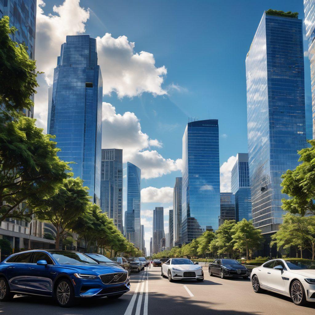 A luxurious city skyline with modern high-rise buildings shimmering in the sunlight, symbolizing upscale realty. In the foreground, a diverse group of professionals in business attire are discussing blueprints and investments, showcasing collaboration in real estate. Add elements of lush greenery and opulent cars parked near the buildings for an elegant touch. The sky should be a vibrant blue with fluffy clouds to evoke a sense of opportunity. super-realistic. vibrant colors. high contrast.