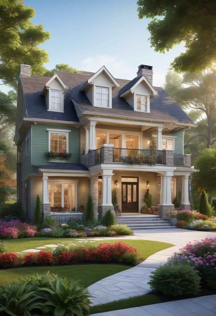 A stunning luxury home surrounded by a vibrant community, depicting families interacting, carefree children playing, and neighbors enjoying gardens, all highlighting the warmth of community living. The architecture should showcase elegant designs, with lush greenery and bright flowers adding to the atmosphere of belonging and comfort. Soft sunlight filtering through trees creates an inviting ambiance. super-realistic. vibrant colors. uplifting atmosphere.