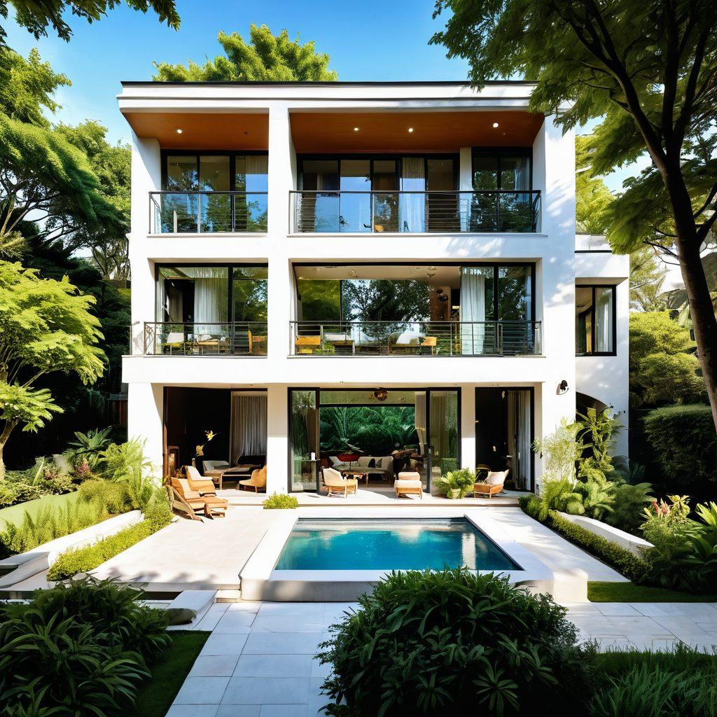 A picturesque luxury estate surrounded by lush greenery, depicting a diverse group of joyful neighbors sharing a warm moment together. Include modern architectural details of the estate, such as large windows and elegant balconies, with children playing in a beautiful garden. The atmosphere should feel inviting, with soft sunlight filtering through trees, creating a serene community vibe. Use vibrant colors and a welcoming ambiance to enhance the sense of togetherness and home. super-realistic. vibrant colors. warm tones.